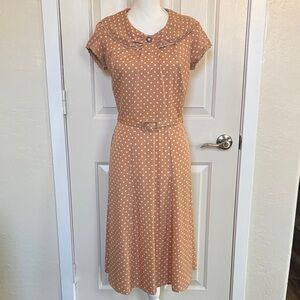 Vintage Style 1950s Tan & White Polka Dot Swing Dress